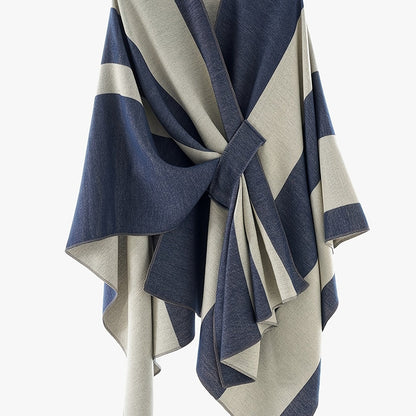 Poncho Cape Femme Rayé Bicolore avec Nœud Décoratif Doux