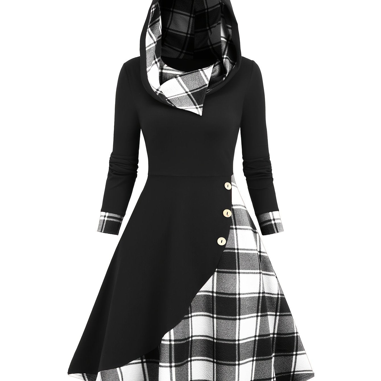 Robe à capuche femme asymétrique noire et à carreaux bicolores avec boutons décoratifs
