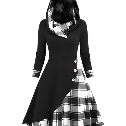Robe à capuche femme asymétrique noire et à carreaux bicolores avec boutons décoratifs