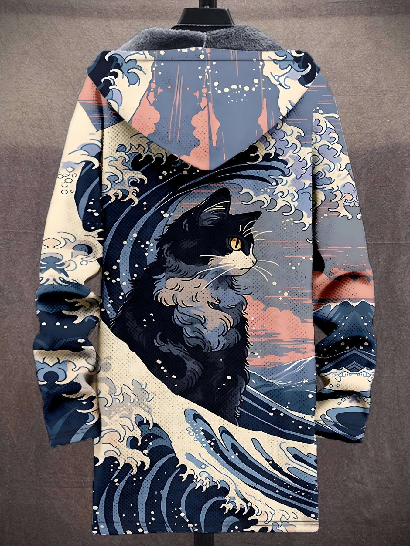 Manteau à capuche doublé en polaire imprimé fantaisie pour homme, fermeture éclair, motif vagues ou animaux