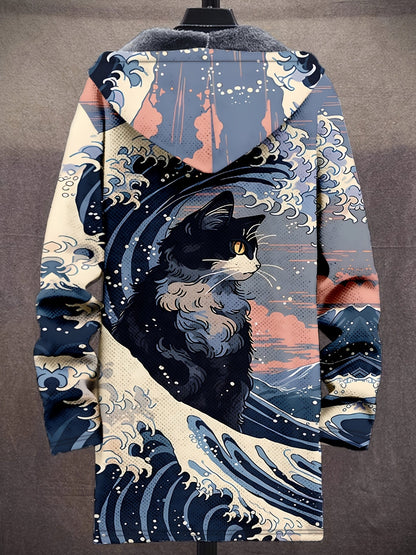 Manteau à capuche doublé en polaire imprimé fantaisie pour homme, fermeture éclair, motif vagues ou animaux