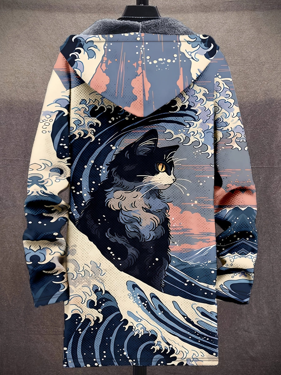 Hættejakke til mænd med fleecefor, fantasifuldt print, lynlås og motiv af bølger eller dyr