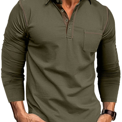 Polo Homme Manches Longues à Col Relevé avec Patte de Boutons et Poches Poitrine Décoratives