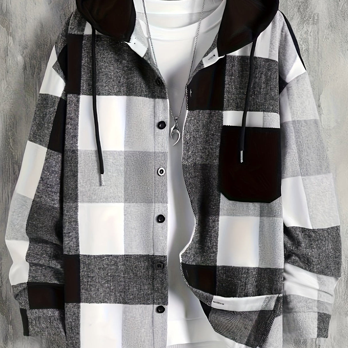 Veste à capuche homme à carreaux noir et blanc à boutonnage simple