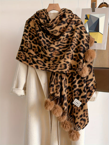 Écharpe large motif animalier avec pompons pour femme