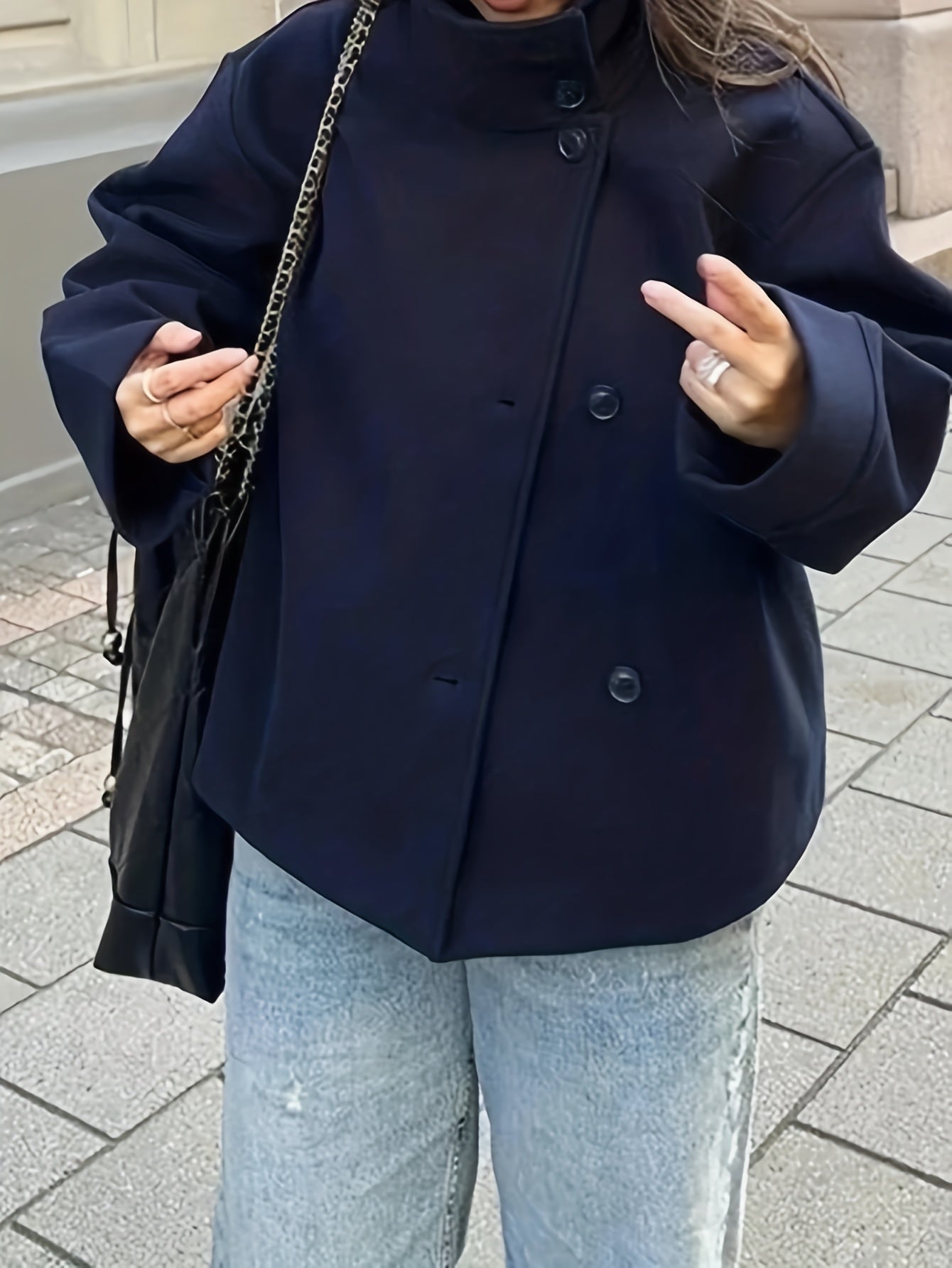 Veste courte femme col montant boutonnée décontractée couleur unie