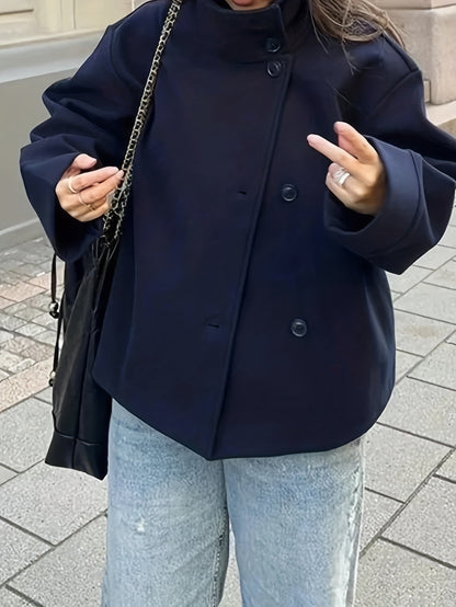 Veste courte femme col montant boutonnée décontractée couleur unie