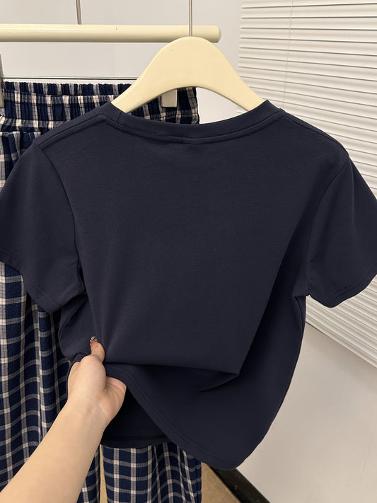 Pyjama d'été femme style mignon haut manches courtes et pantalon à carreaux