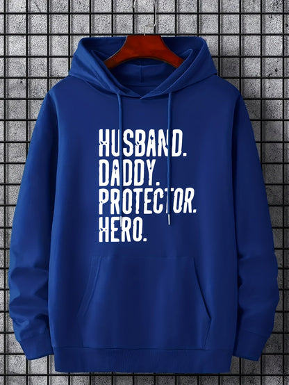 Herrtröja med huva och tryck - HUSBAND DADDY PROTECTOR HERO - Avslappnad stil Perfekt present