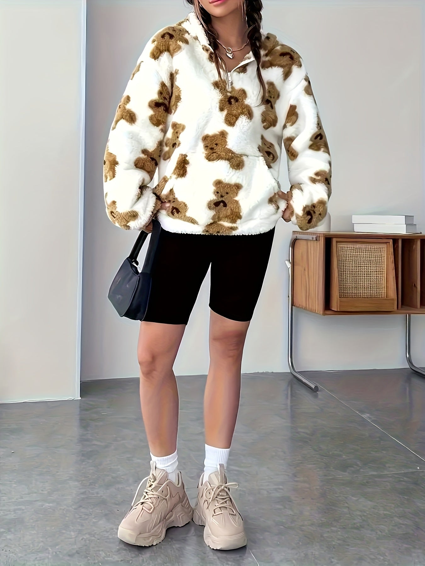 Sweat à Capuche Femme Doux Motif Ours Teddy Blanc et Marron