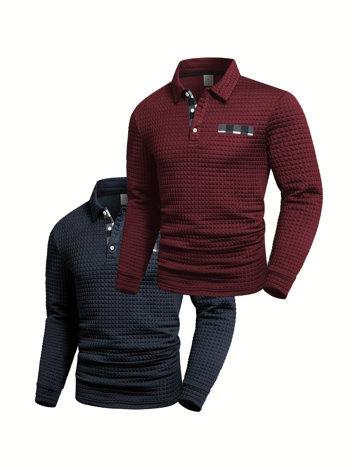 Polo homme à manches longues texturé quadrillé bicolore col chemise
