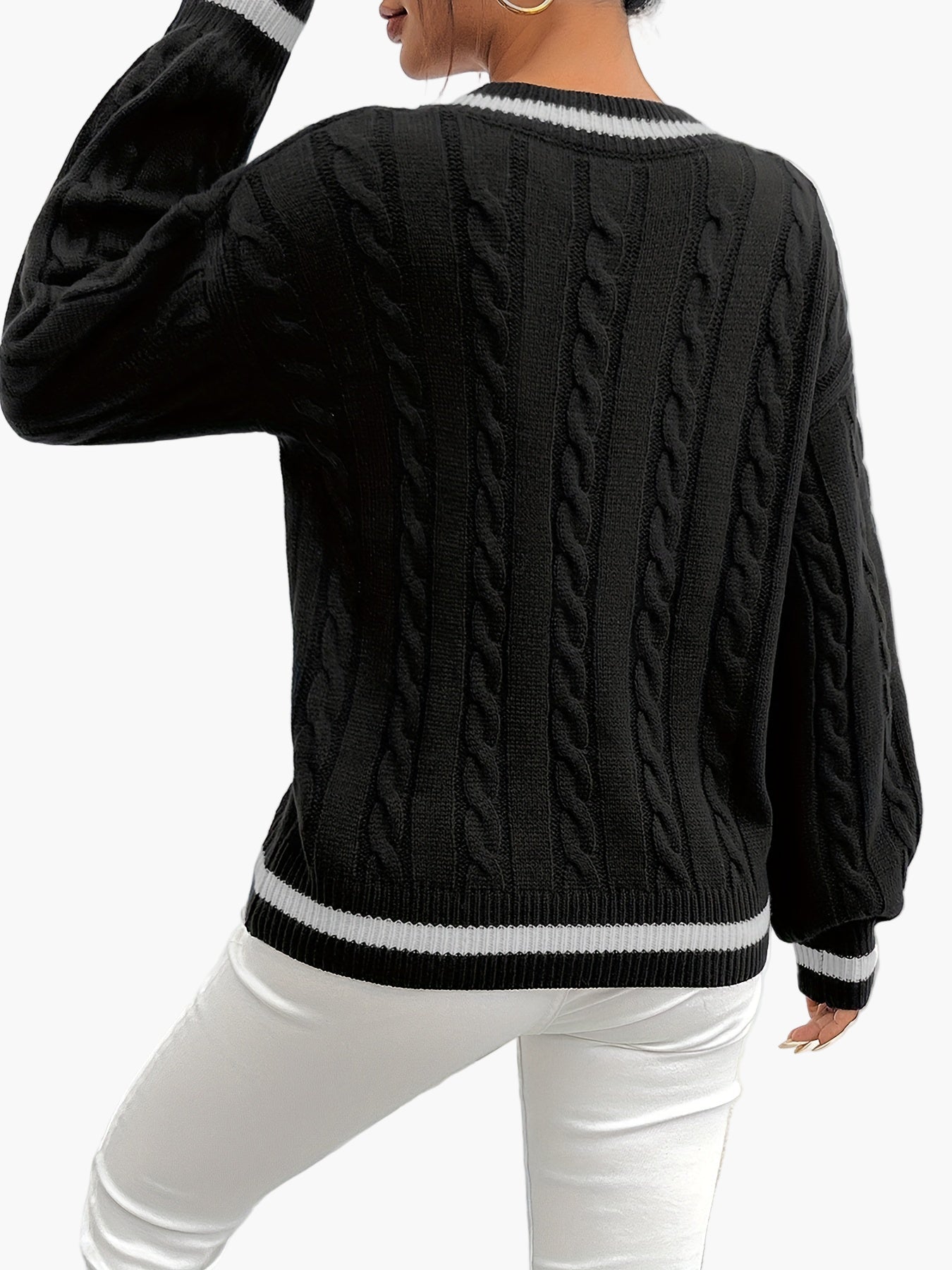 Maglione elegante a trecce con scollo a V da donna stile universitario autunno inverno