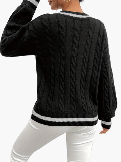 Maglione elegante a trecce con scollo a V da donna stile universitario autunno inverno