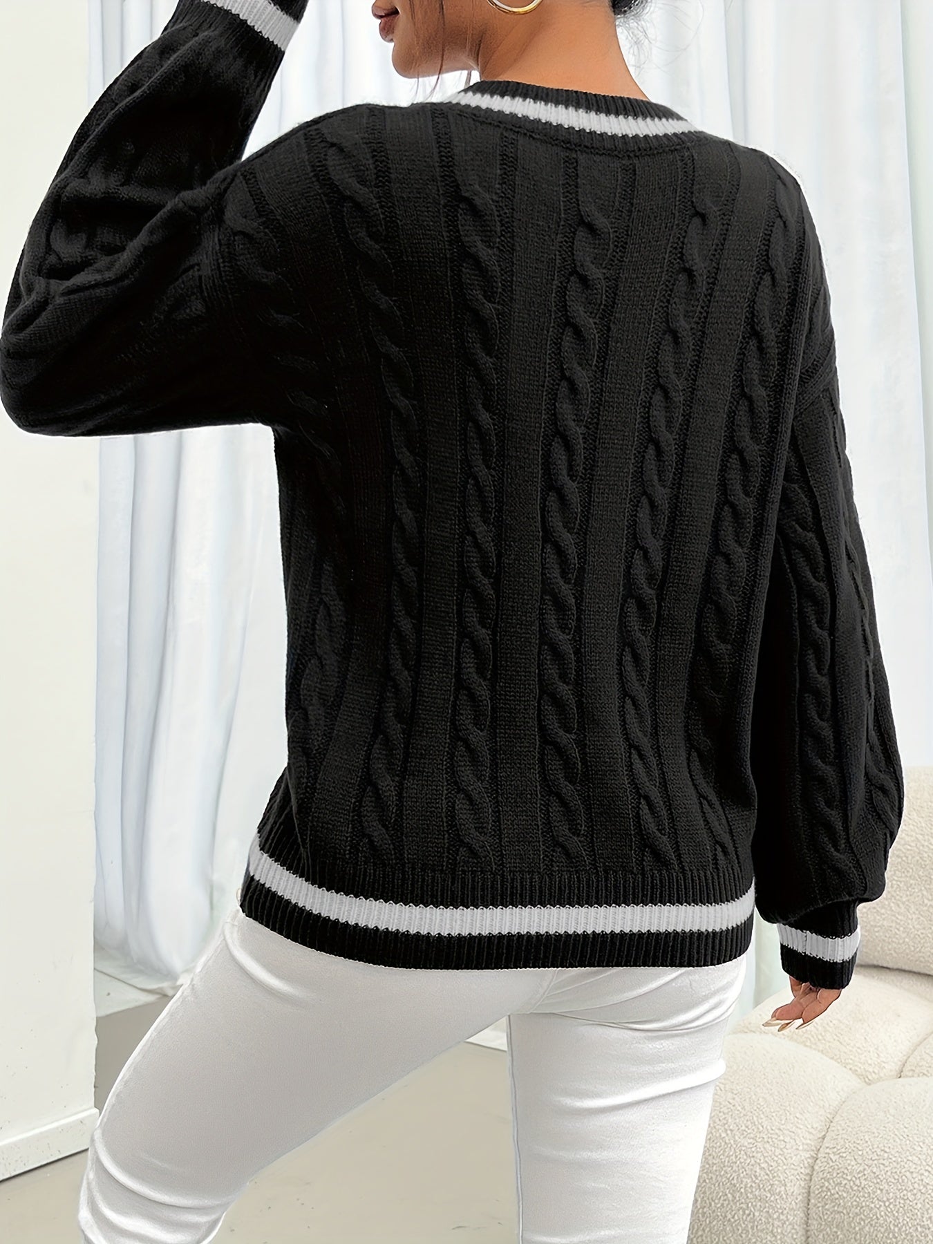 Pull col V torsadé rayé pour femme - Manches longues bouffantes