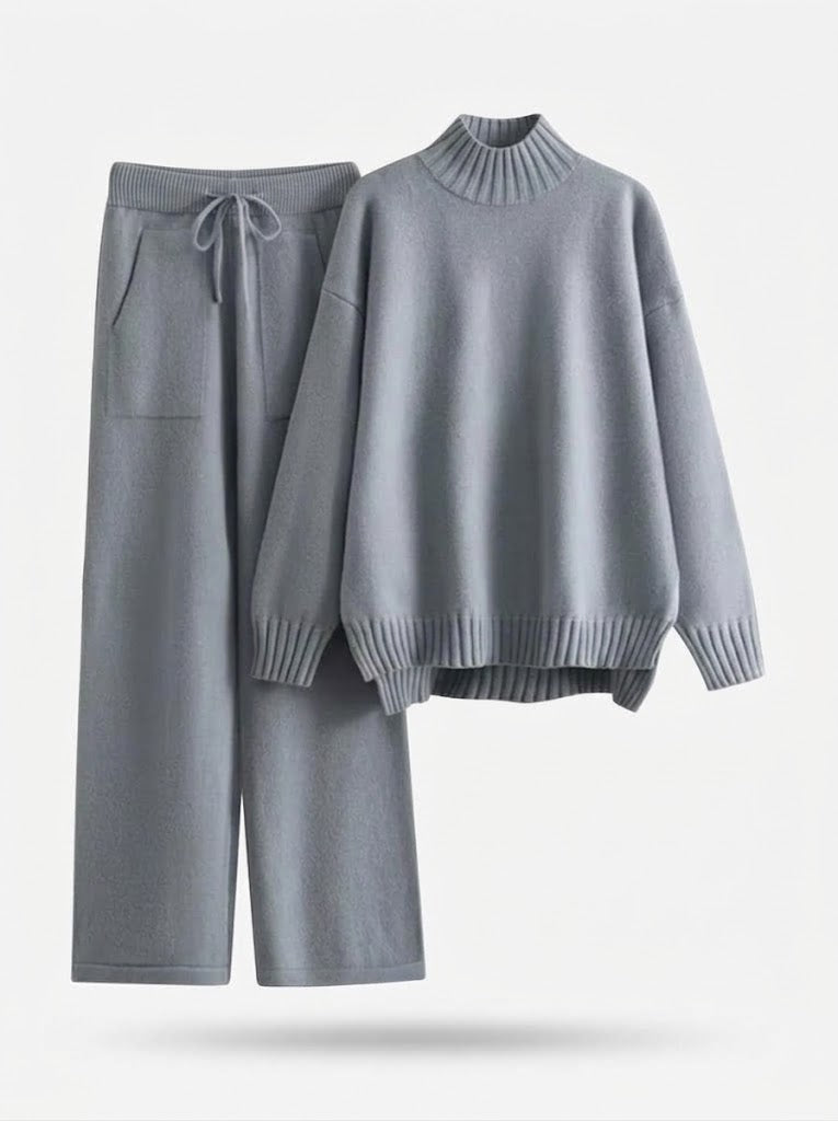 Set aus Strickpullover mit Stehkragen und weiter Strickhose, blau