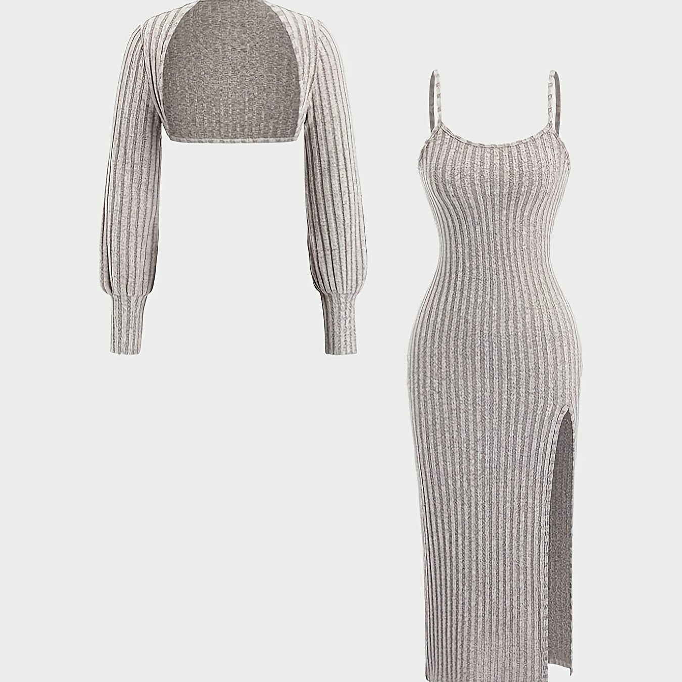 Ensemble Robe Midi Bretelles Fines & Boléro Court Manches Longues Maille Côtelée
