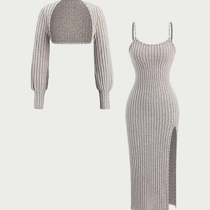 Ensemble Robe Midi Bretelles Fines & Boléro Court Manches Longues Maille Côtelée