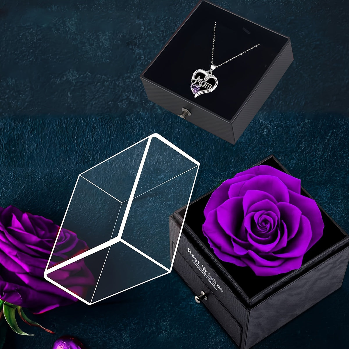Collier Femme Pendentif Coeur 'Mom' avec Rose Éternelle – Cadeau Élégant pour la Fête des Mères