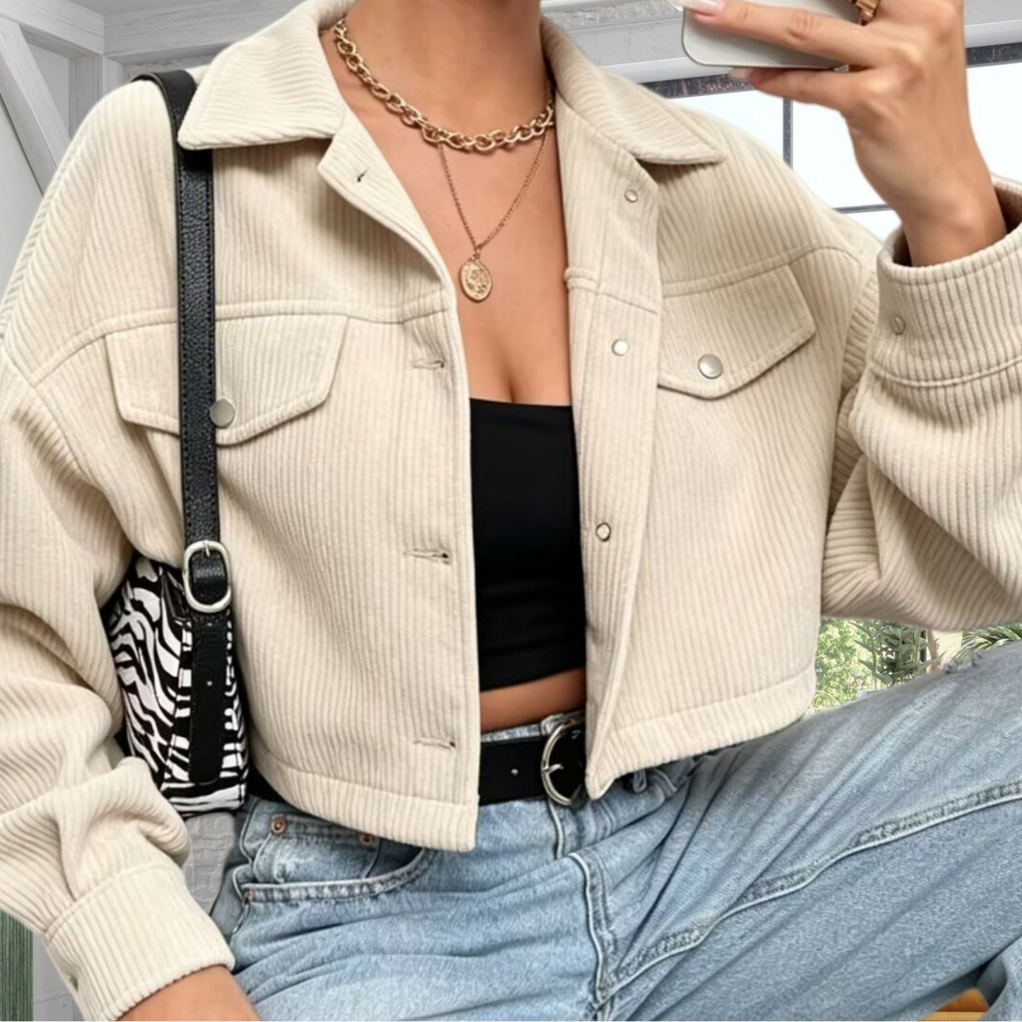 Veste courte côtelée femme, col chemise, boutonnée, poches à rabat, manches longues