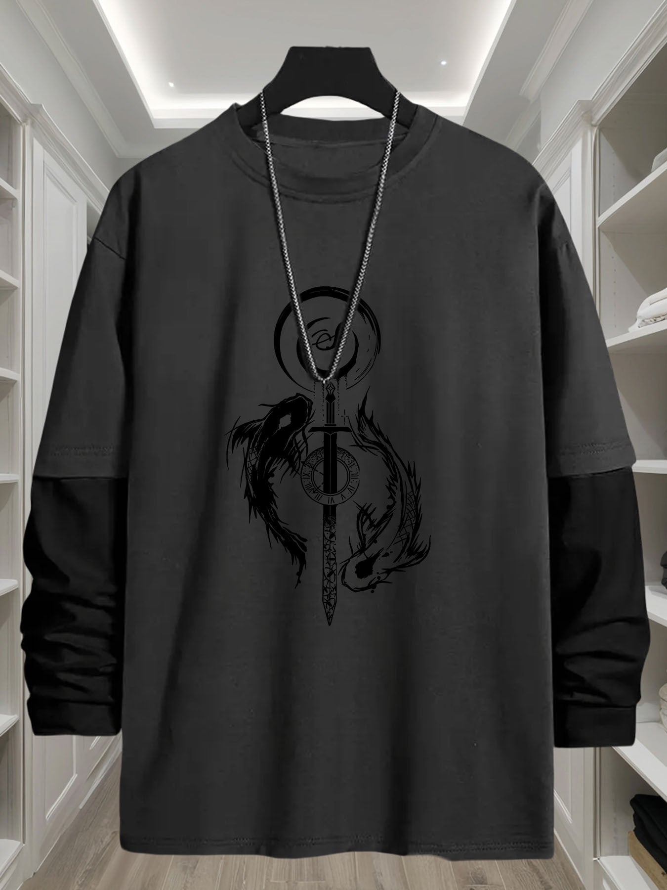 T-shirt Homme Manches Longues Bicolore Imprimé Dragon Épée