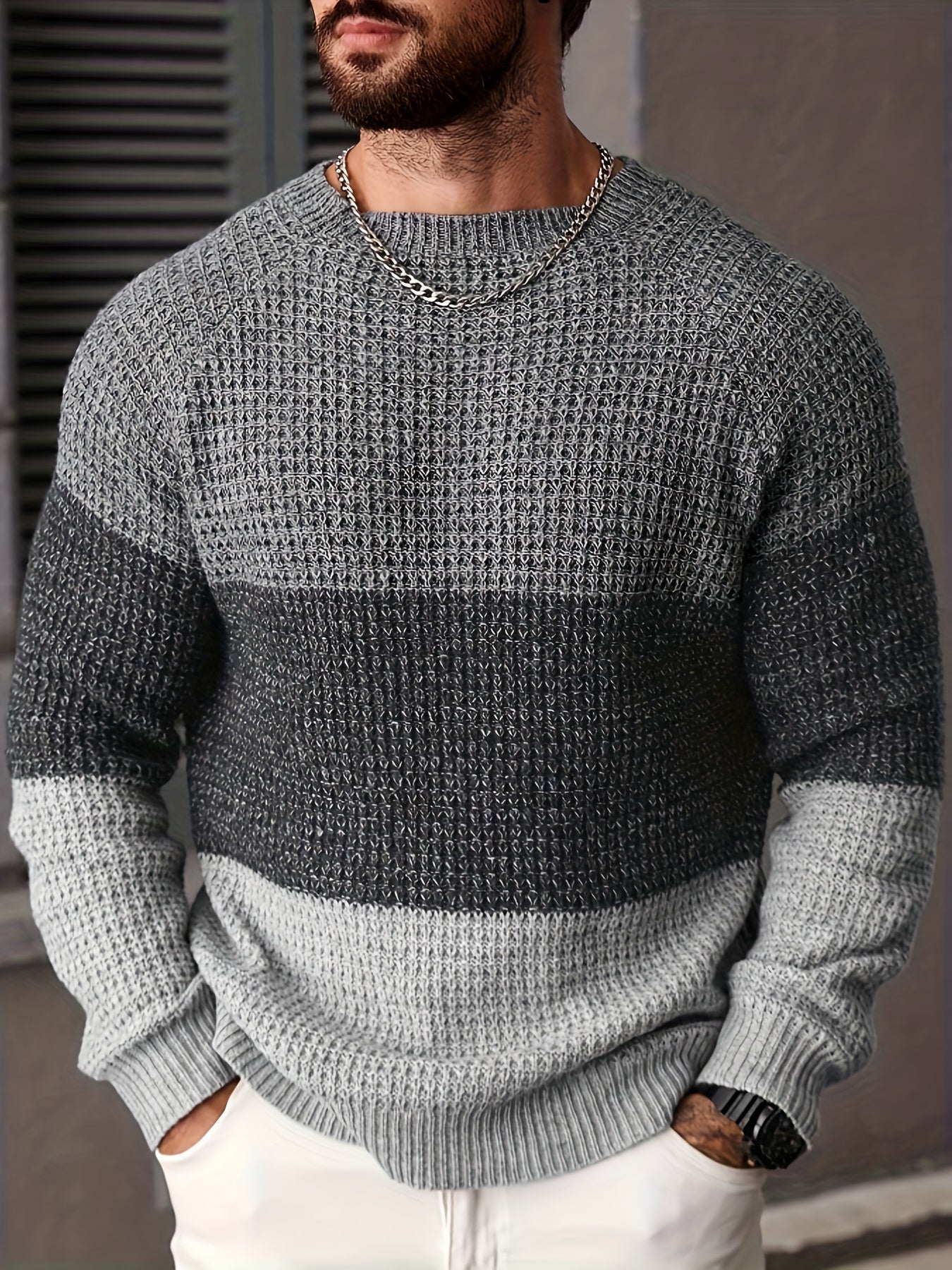 Pull Homme Col Rond Maille Texturée Tricolore Beige Marron Noir