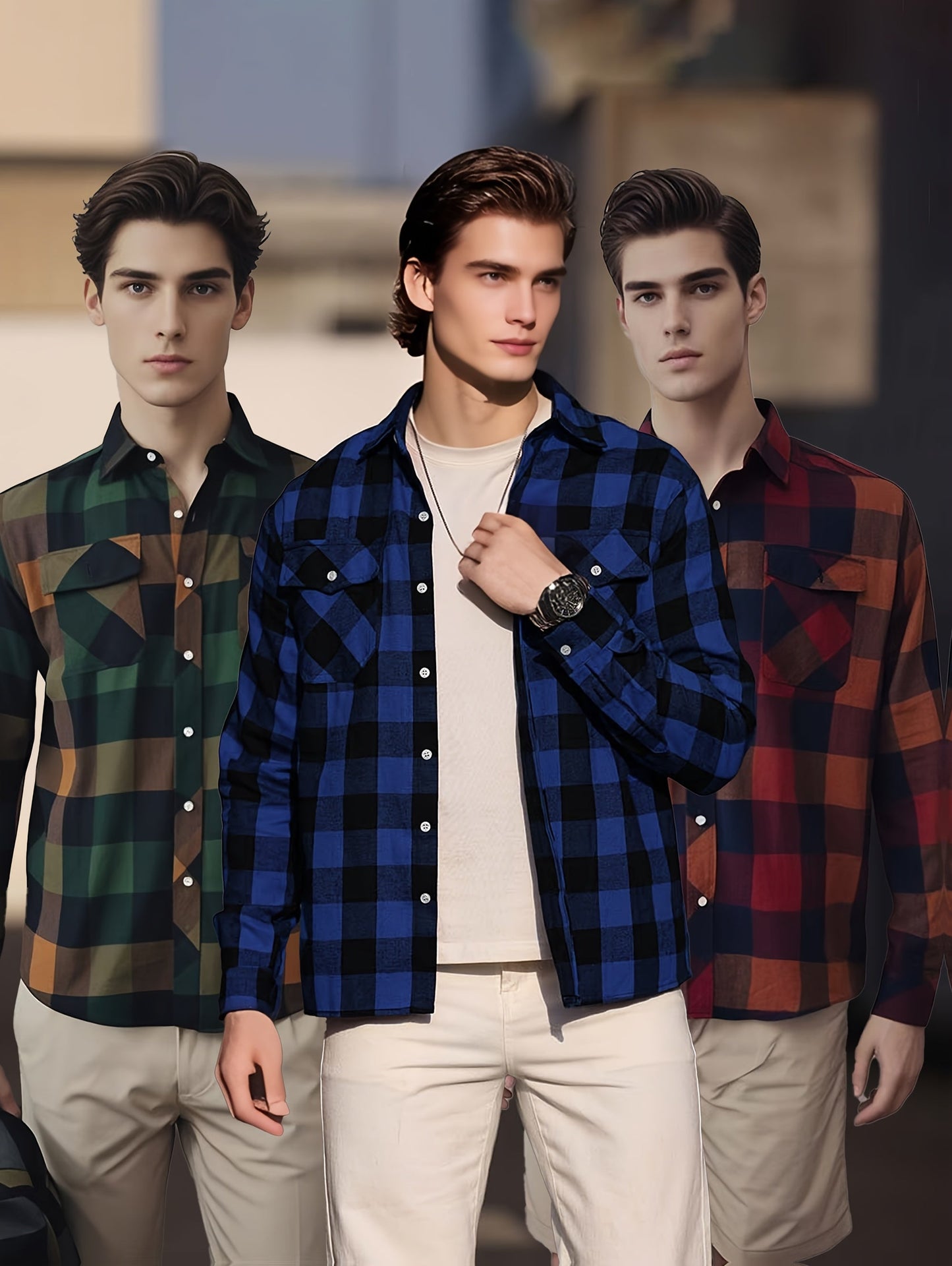 Chemise à Carreaux Homme Manches Longues à Col Classique et Poches Poitrine