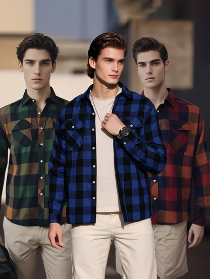 Chemise à Carreaux Homme Manches Longues à Col Classique et Poches Poitrine