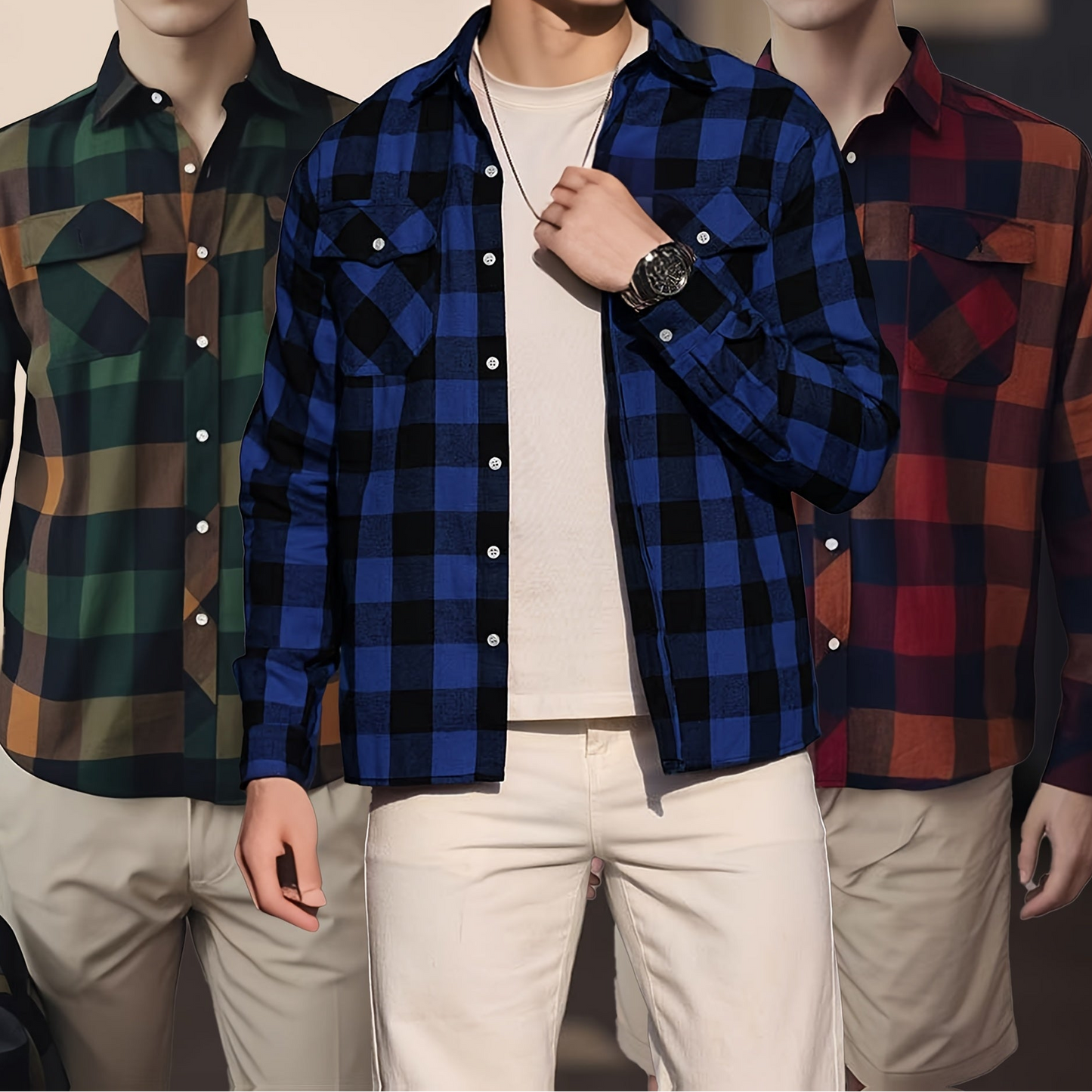 Chemise à Carreaux Homme Manches Longues à Col Classique et Poches Poitrine