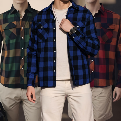 Chemise à Carreaux Homme Manches Longues à Col Classique et Poches Poitrine