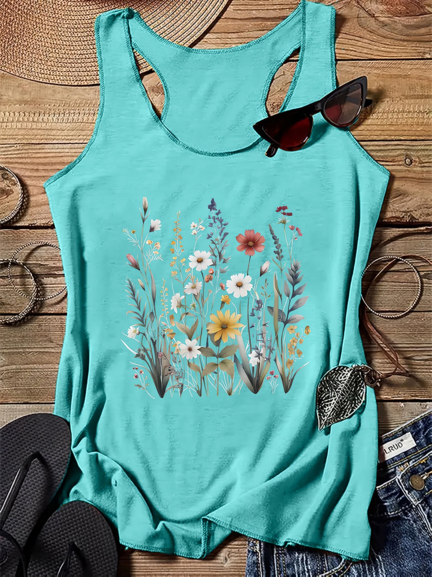 Camiseta sin mangas para mujer estilo bohemio con estampado floral campestre para el verano - Casual chic
