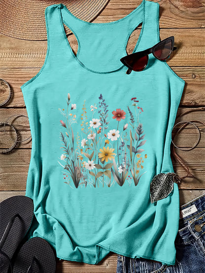 Camiseta sin mangas para mujer estilo bohemio con estampado floral campestre para el verano - Casual chic