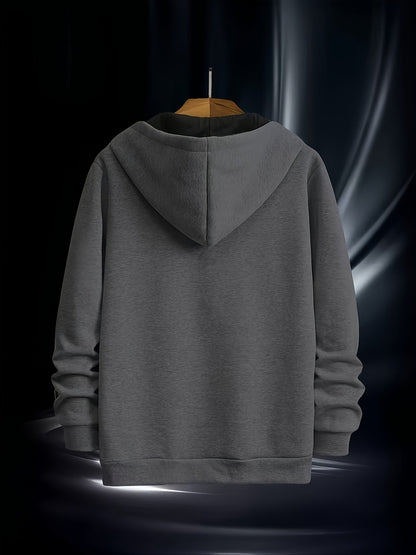 Sweat à Capuche Homme Zippé Asymétrique Couleur Unie avec Poche Kangourou