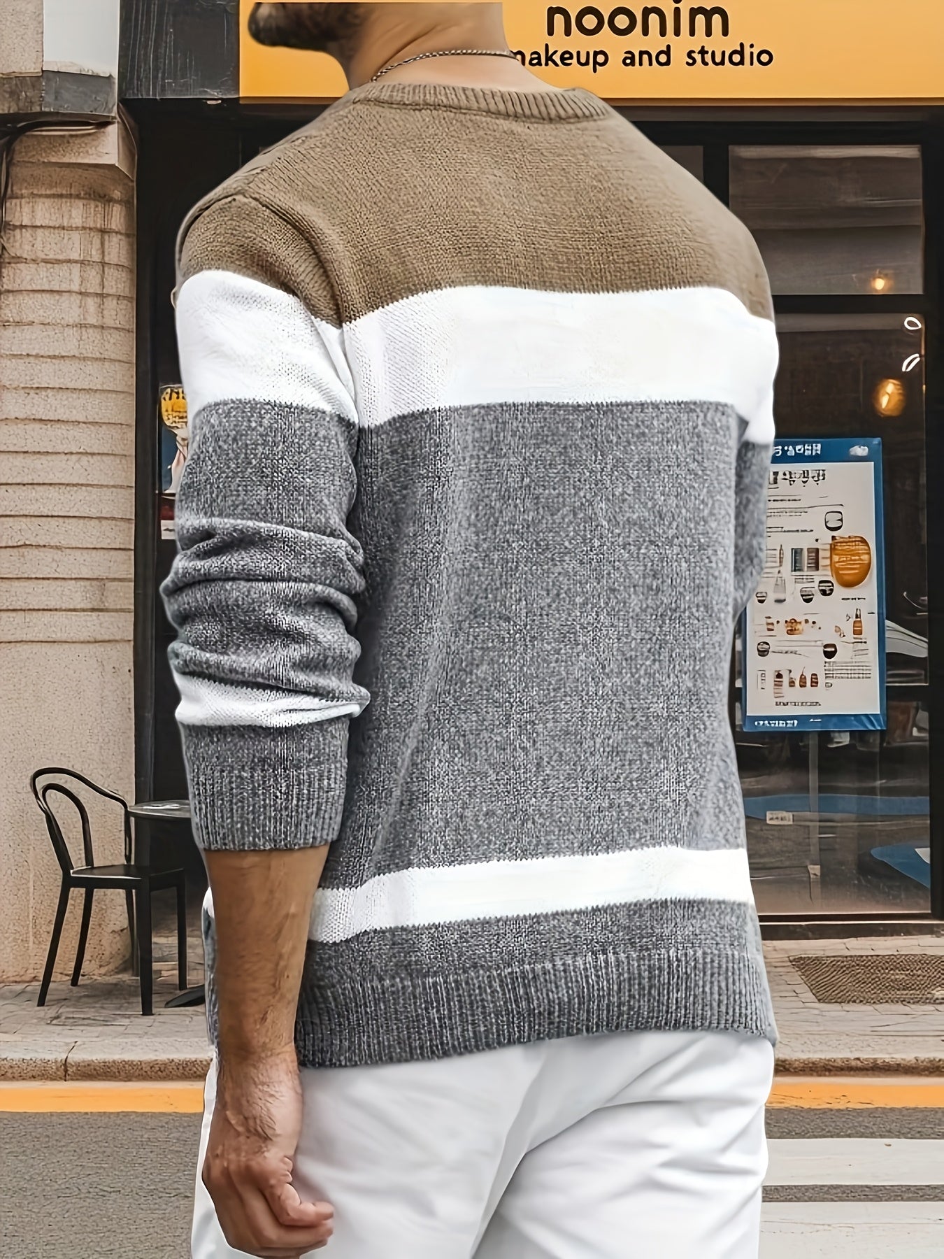 Pull homme col rond tricot torsadé à rayures contrastées