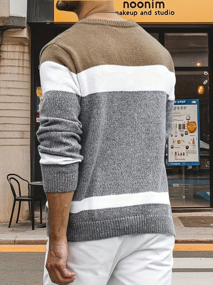 Pull homme col rond tricot torsadé à rayures contrastées