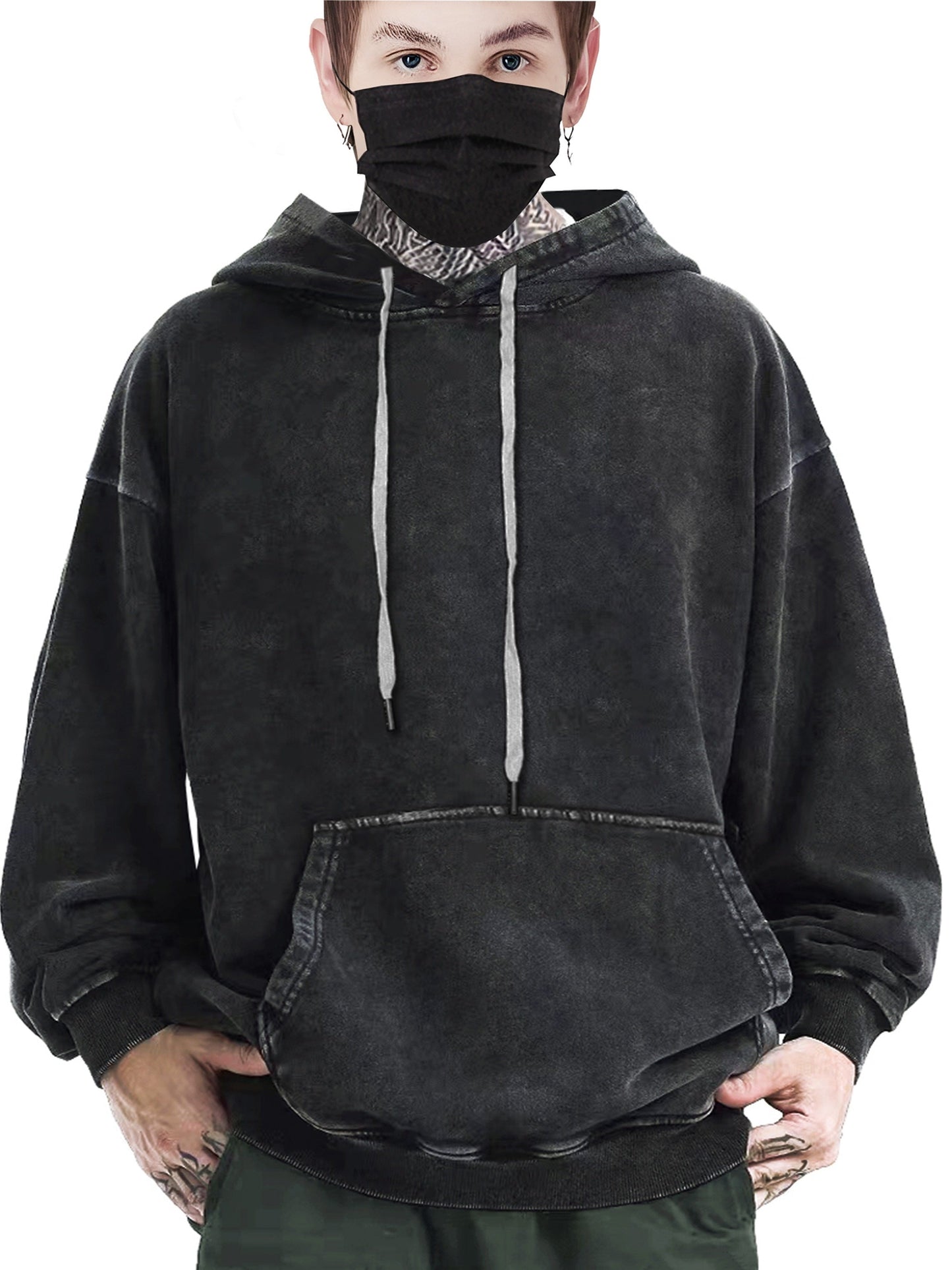 Sweat à Capuche Unisexe Gris Foncé Délavé avec Poche Kangourou