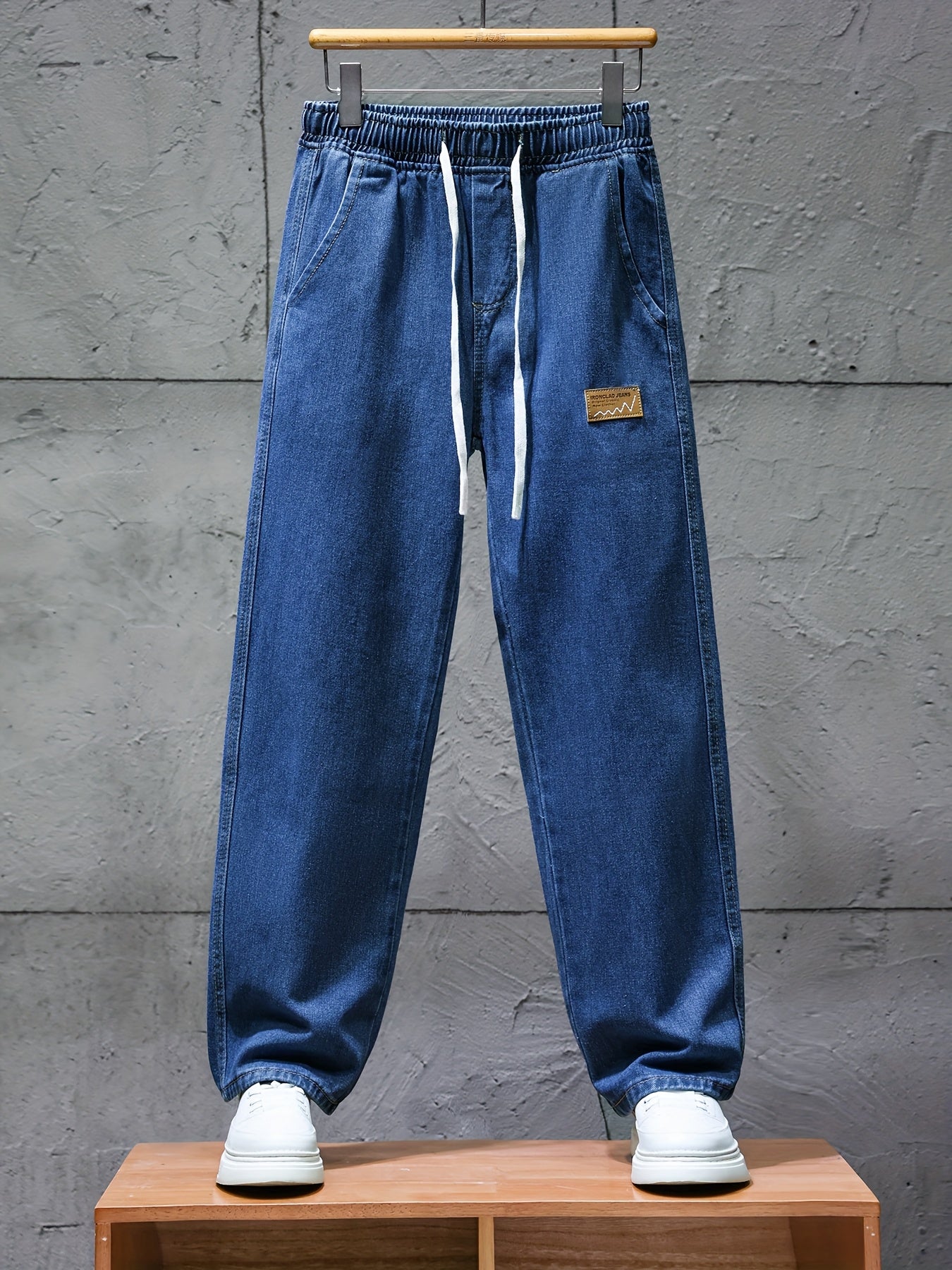 Jean décontracté bleu coupe large taille élastique cordon blanc