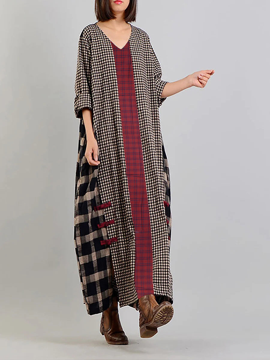 Abito lungo vintage a quadri per donna, stile ampio e informale, scollo a V, maniche lunghe, ideale per un aspetto bohémien elegante
