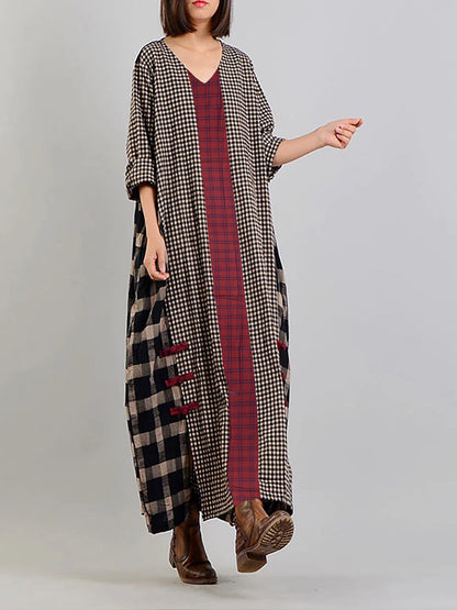 Abito lungo vintage a quadri per donna, stile ampio e informale, scollo a V, maniche lunghe, ideale per un aspetto bohémien elegante