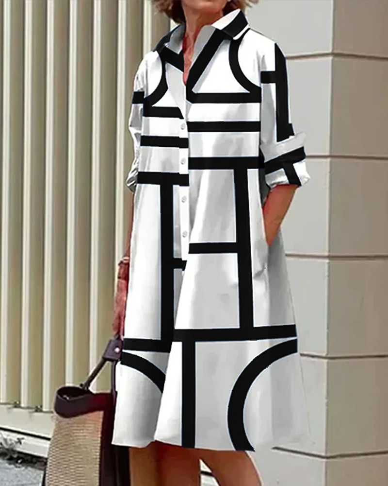 Damska sukienka koszulowa o luźnym kroju z geometrycznym nadrukiem i kieszeniami, styl casual chic