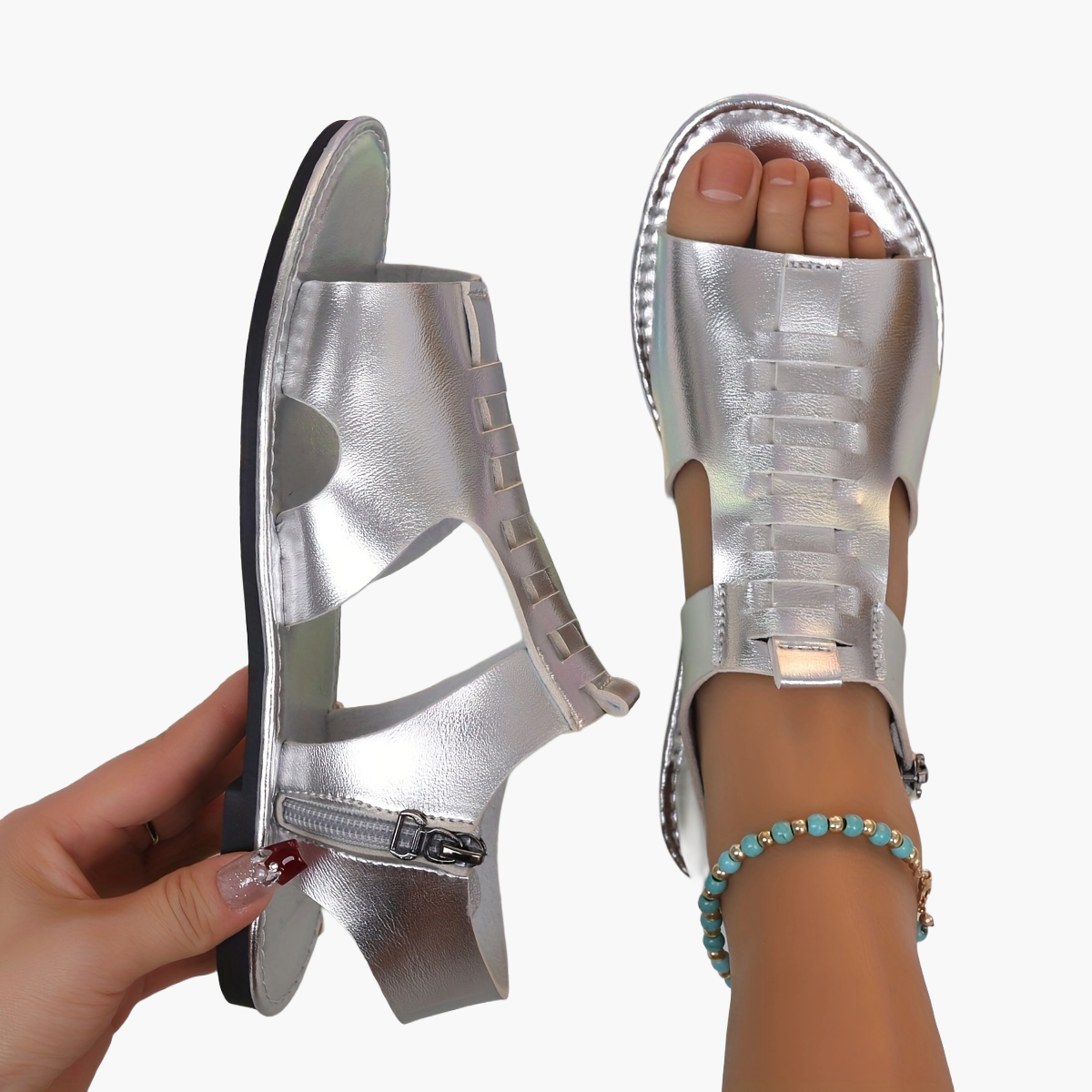 Sandales plates d'été pour femme style gladiateur à bout ouvert avec fermeture éclair