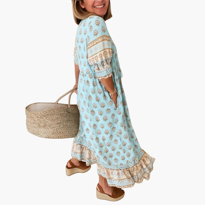 Robe mi-longue bohème pour femme, style décontracté avec imprimé et poches