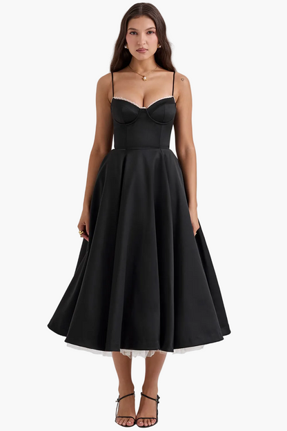 Robe de soirée élégante femme style princesse bustier jupe midi évasée