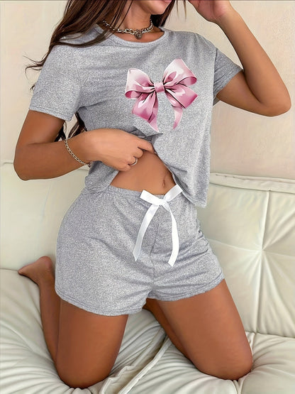 Pyjama court femme imprimé nœud style décontracté pour l'été