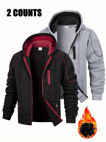 Lot de 2 Hoodies Homme Zippés Bicolores Chauds avec Capuche et Poches
