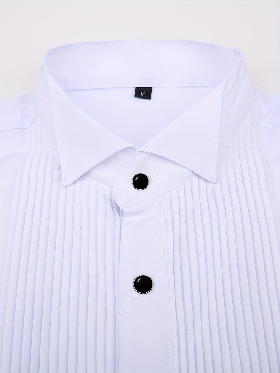 White men’s dress shirt with a pleated bib and black buttons