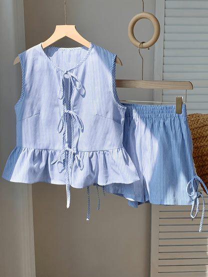 Ensemble coordonné femme style décontracté à rayures avec top sans manches à volants et short taille haute