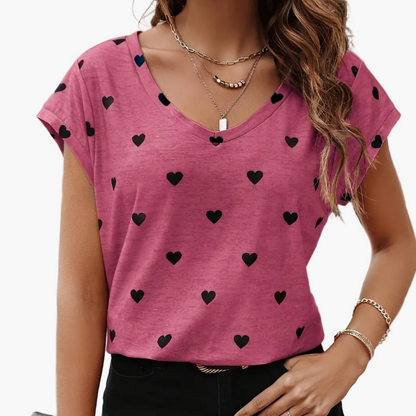 Elegant dam-T-shirt med hjärtmönster, V-ringning, somrig och chic stil