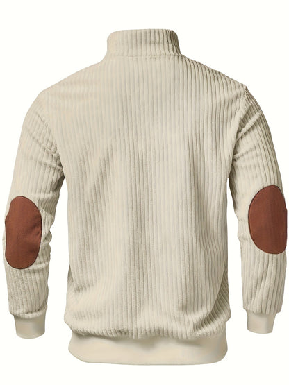 Pull Homme côtelé avec col montant zippé et empiècements suédine