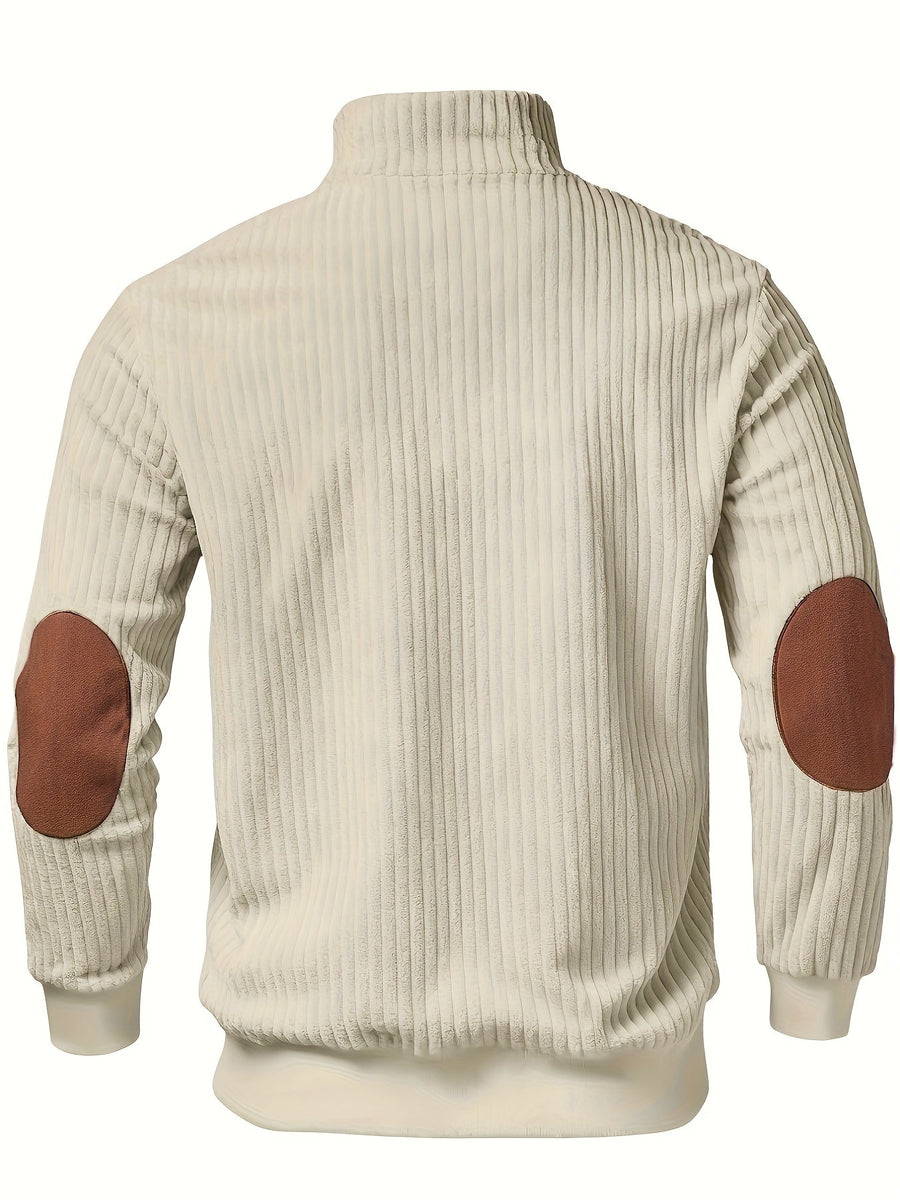 Geribde herenpullover met opstaande kraag, rits en inzetstukken van suède verhuisdoek