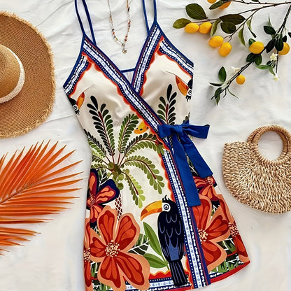 Abito portefeuille tropicale donna stile vacanze con stampa floreale e pappagallo